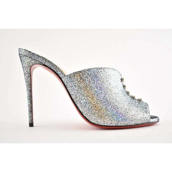Christian Louboutin Predumule 100 Silver Nappa Mica Backless Mule Heel Pump 36.5 - Picture 2 of 12
